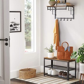 Lavica na topánky s 2 policami, botník s kovovým rámom, rustikálny hnedý