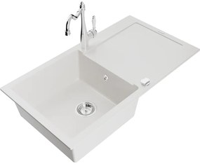 Mexen Leo, granitový drez 900x500x190 mm, 1-komorový a drezová batéria Carla, biela, 6501-20-670700-00