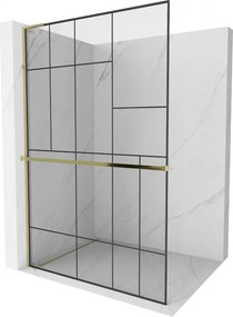 Mexen Kioto+ L, sprchová zástena Walk-In s poličkou a vešiakom 120 x 200 cm, 8mm číre sklo čierny vzor, zlatý lesklý profil,800-120-123-50-78