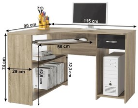 Tempo Kondela Rohový PC stôl, dub sonoma/čierny lesk, UMAG