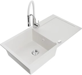 Mexen Leo, granitový drez 900x500x190 mm, 1-komorový a drezová batéria Aster, biela, 6501-20-73450-02