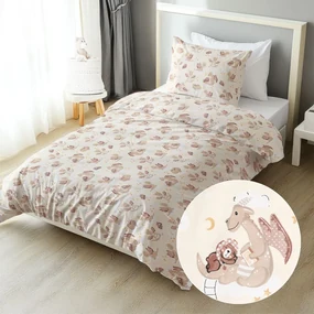 Biante Detské bavlnené posteľné obliečky Sandra SA-467 Dráčikovia na žltobéžovom Predĺžené 140x220 a 70x90 cm