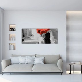 Obraz - Zamilovaný pár pod dáždnikom, červený (120x50 cm)