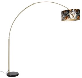 Oblúková lampa mosadz s čiernym tienidlom s kvetinovým vzorom 50 cm - XXL