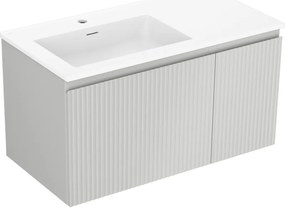 Mexen Rivel, kúpeľňová skrinka 90 cm s umývadlom Otis vľavo, 1S, 1D, drážkovaná, sivá matná/biela matná - 91A23-09047-3-BBFF62-W18L01