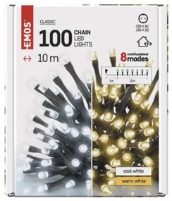 EMOS LED vonkajšia vianočná reťaz CLASSIC 2V1, 100xLED, 10m, teplá/studená biela, 8 funkcií