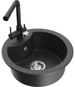 Mexen Diego, 1-komorový granitový drez 488x488x167 mm, čierna batéria Duero, čierna škvrnitá, 6512-76-671600-70