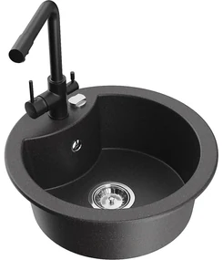 Mexen Diego, 1-komorový granitový drez 488x488x167 mm, čierna batéria Duero, čierna škvrnitá, 6512-76-671600-70