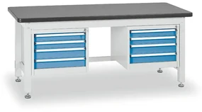 Pracovný stôl do dielne BL s 2 závesnými boxami na náradie, MDF + PVC doska, 8 zásuviek, 1800 x 750 x 800 mm