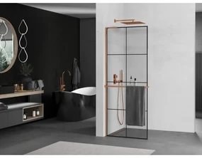 Mexen Kioto+ L, sprchová zástena Walk-In s poličkou a vešiakom 80 x 200 cm, 8mm číre sklo čierny vzor, ružové zlato profil, 800-080-123-60-77