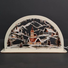 AMADEA Drevený svietiaci portál s motívom dedinky, sépiový, 38 cm