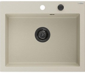 Mexen Elix, 1-korový granitový drez 600 x 500 mm, béžová, čierny sifón, 6525601005-69-B
