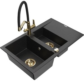 Mexen Gaspar, granitový drez 737x475x177 mm, 1,5-komorový a drezová batéria Duo, čierna-strieborná metalíza, 6507-73-671701-57-G