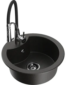 Mexen Diego, 1-komorový granitový drez 488x488x167 mm a drezová batéria Aster, čierna-zlatá metalíza, 6512-75-73450-07-B