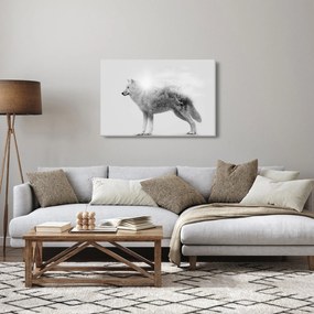 Obraz - Arktický vlk zrkadliaci divokú krajinu, čiernobiely (90x60 cm)