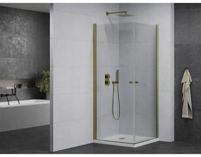 Mexen Pretoria Duo, sprchovací kút s 2-krídlovými dverami 70 (dvere) x 70 (dvere) cm, 6mm číre sklo, zlatý profil + slim sprchová vanička 5cm biela so zlatým sifónom, 852-070-070-50-02-4010G