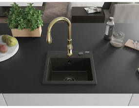 Mexen Milo, 1-komorový granitový drez 435x410x171 mm a drezová batéria Savita, čierna-zlatá metalíza, 6505-75-672601-50-B
