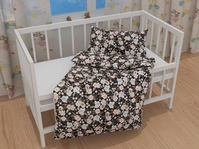 Biante Detské bavlnené posteľné obliečky do postieľky Sandra SA-449 Modro-ružové kvety na čiernom Do postieľky 90x140 a 50x70 cm