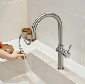 Rea Fresh High, kuchynská batéria s výsuvnou spŕškou, brúsená oceľ, REA-B6330