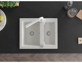 Mexen Carlos, 1,5-komorový granitový drez 582x475x177 mm a drezová batéria Duero, biela, 6518-20-671600-20