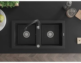 Mexen Mario, 2-komorový granitový drez 820x436x161 mm a drezová batéria Savita, čierna, 6504-77-672601-70
