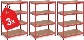 Akcia 3x Regál 150x70x30 cm lakovaný 4-policový, nosnosť 700 kg - červený