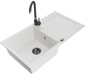 Mexen Leo, drez granitový 900x500x190 mm, 1-komorový a čierna batéria Telma, biela, 6501-20-670200-70