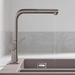 HANSGROHE Talis M54 páková drezová batéria s vyťažiteľným výtokom, 1jet, výška výtoku 265 mm, vzhľad nerezovej ocele, 72808800