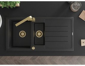 Mexen Andres, granitový drez 1000x500x200 mm, 1,5-komorový, čierna so zlatým sifónom a zlatá drezová batéria Rita, 6515-77-670300-50