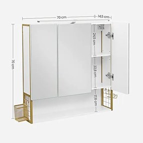 Zrkadlová skrinka do kúpeľne Nástenná skrinka s LED svetlom, biela a zlatá farba