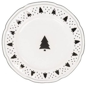 Bielo-čierny porcelánový jedálenský tanier so stromčekmi X-Mas Tree - Ø 26*1,5 cm