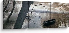 Obraz loďky na jazere (s hodinami) (90x30 cm)
