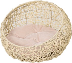 PawHut mačacia postel z ratanovej jaskyne s vankúšom – béžová Ø56 x 35 cm | Aosom