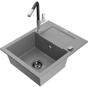 Mexen Enzo, 1-komorový granitový drez 576x465x174 mm a drezová batéria Flora, šedá, 6506-71-670401-07-B