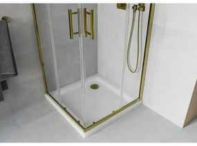 Mexen Rio, štvorcový sprchovací kút s posuvnými dverami 70(dvere) x 70(dvere) x 190 cm, 6mm číre sklo, zlatý profil + sprchová vanička SLIM so zlatým sifónom, 860-070-070-50-00-4010G