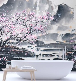 Gario Fototapeta Kvitnúca čerešňa na pozadí hôr Materiál: Vliesová, Rozmery: 300 x 300 cm