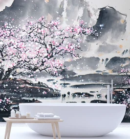 Gario Fototapeta Kvitnúca čerešňa na pozadí hôr Materiál: Vliesová, Rozmery: 300 x 300 cm