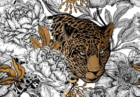Fototapeta - Leopard v pivonkách (147x102 cm)