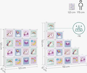 Skladacia skrinka, Policový systém so 16 priehradkami pre deti, motív unikorn