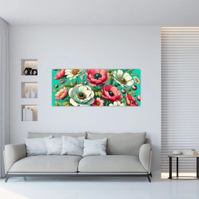 Obraz - Kvety na modrom pozadí (120x50 cm)