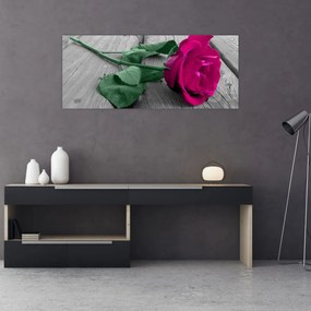 Obraz - Ružová ruža so zelenou stonkou (120x50 cm)
