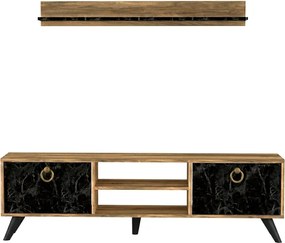 TV stolík ZEN 160 cm s nástennou policou, dekor orech/čierny mramor