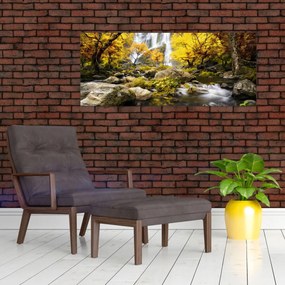 Obraz - Vodopády v jesennej krajine, žlté (120x50 cm)