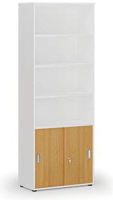 Kombinovaná kancelárska skriňa PRIMO WHITE, zasúvacie dvere na 2 poschodia, 800 x 420 x 2128 mm, biela/buk
