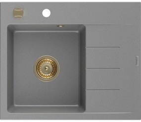 Mexen Ben, 1-komorový granitový drez 600x500x190 mm, ľavý + zlatý sifón, šedá, 6522605000-71-G