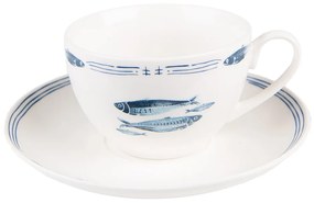 Porcelánová šálka s tanierikom s rybkami Fish Blue - 12*6*6 cm / Ø 15*2 cm / 250 ml