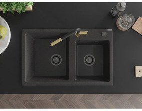 Mexen Tomas, 2-komorový granitový drez 800x500x190 mm a drezová batéria Flora, čierna škvrnitá, 6516-76-670401-57-B