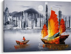 Obraz - Victoria Harbor, Hong Kong, čiernobiela olejomaľba (70x50 cm)
