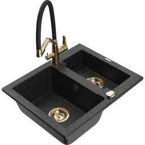 Mexen Carlos, 1,5-komorový granitový drez 582x475x177 mm a drezová batéria Duo, čierna-strieborná metalíza, 6518-73-671701-57-G