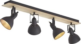 Stropný reflektor čierny s drevom 4-svetlá otočný a naklápací - Jakub